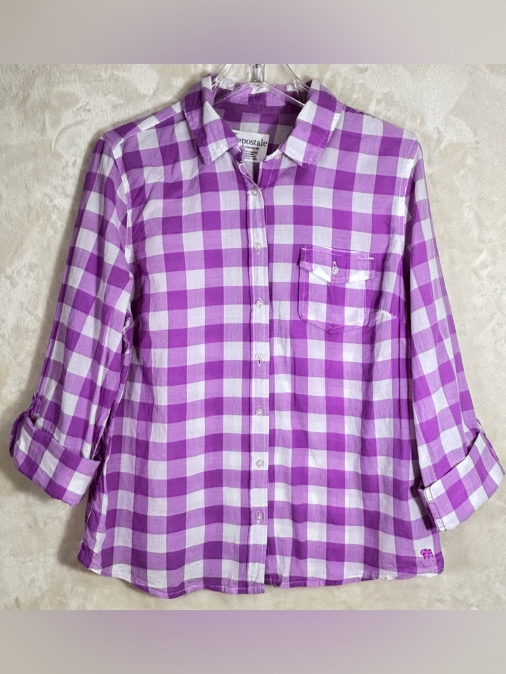 Aeropostale Women’s 100% Cotton Purple and White Plaid Button-Down Gingham Shirt